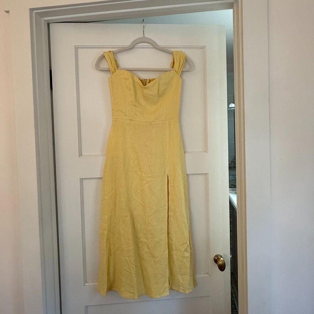 Reformation Yellow Ruched Off the Shoulder Midi Dress